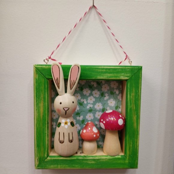 Wood Burned Bunny & Mushrooms Shadow Box Wall Hanging Nursery Art Baby Shower - Picture 1 of 6